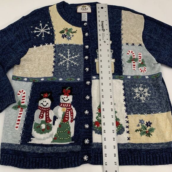 VTG Tiara Christmas Cardigan Sweater 2X Navy Crochet Knit Grandma Holiday Snow - Picture 8 of 10